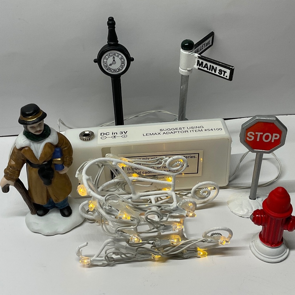 Christmas Village Accessories Set – Lighted Sleigh, Street Signs, Figurine